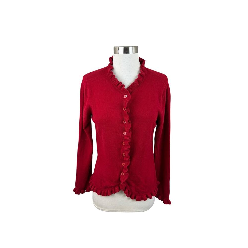 Pure Collection 100% Cashmere Red Ruffle Button Cardigan Sweater US 6